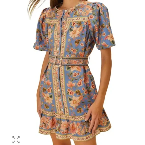 NWT FARM Rio Tapestry Printed Blue Floral Belted Mini Dress Medium - Picture 2 of 5